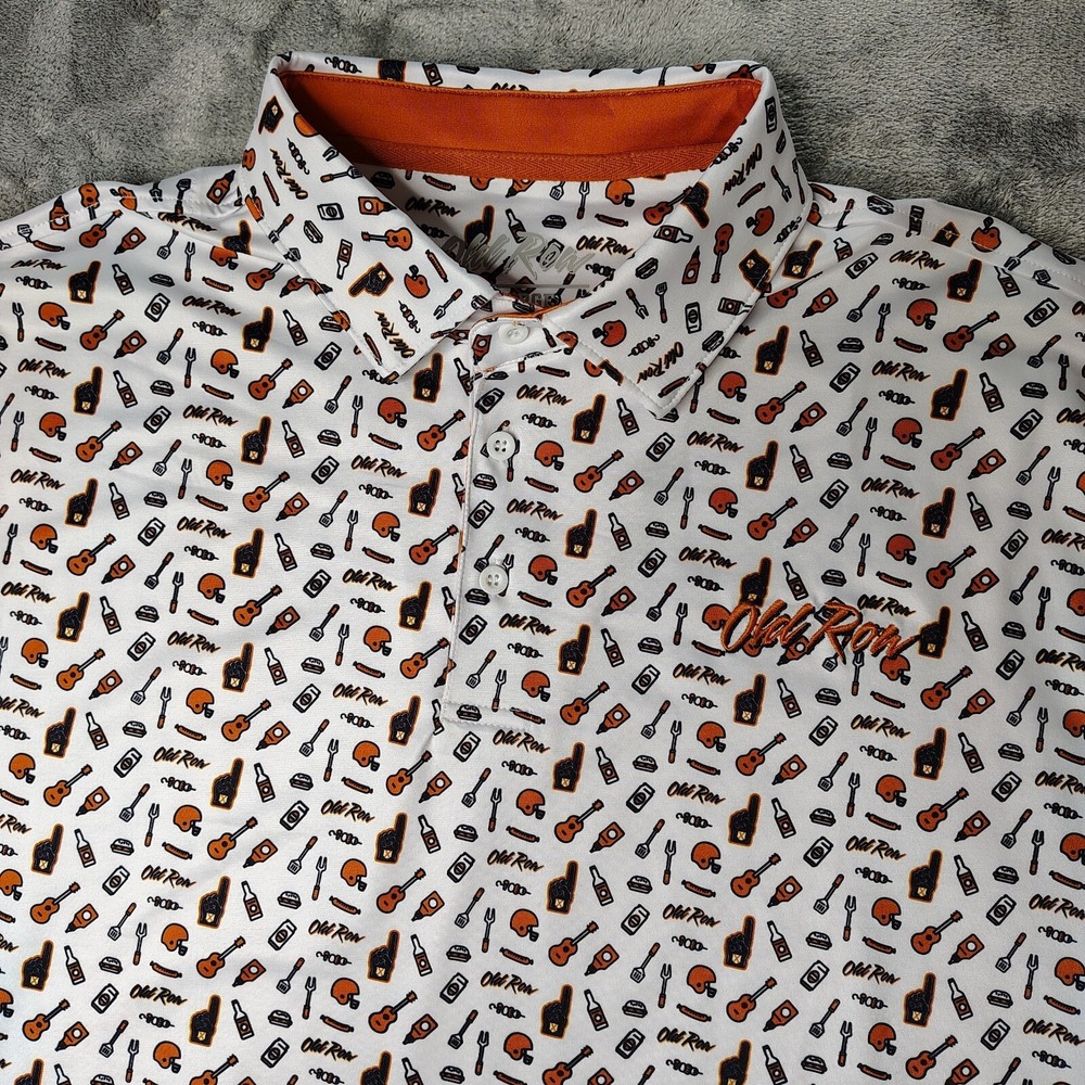 Old Row‎ Tailgater Polo Shirt Mens 3XL Orange White Novelty Print Performance